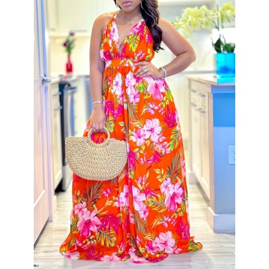 Women Fashion Elegant Beach Printed V-Neck Sleeveless Camisole Dress