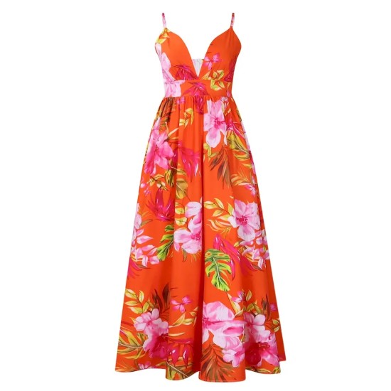 Women Fashion Elegant Beach Printed V-Neck Sleeveless Camisole Dress