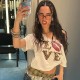 Y2k Women Off-Shoulder V-Neck Loose Casual Love Lip Leopard T-Shirt