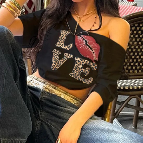 Y2k Women Off-Shoulder V-Neck Loose Casual Love Lip Leopard T-Shirt