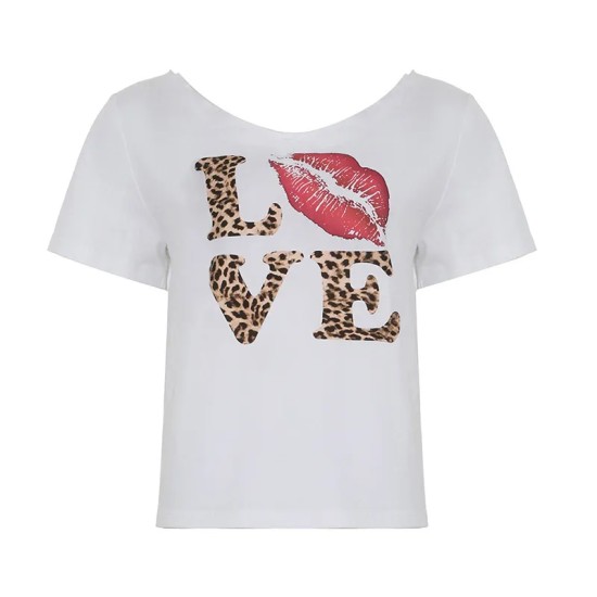 Y2k Women Off-Shoulder V-Neck Loose Casual Love Lip Leopard T-Shirt