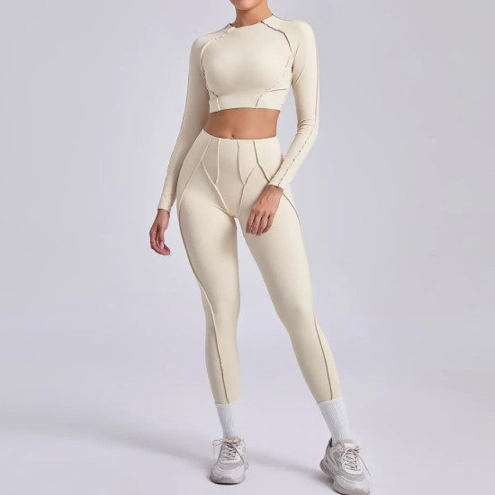 Yoga Women Pleated Sports Fitness Long Sleeve Crop Top Leggings Set