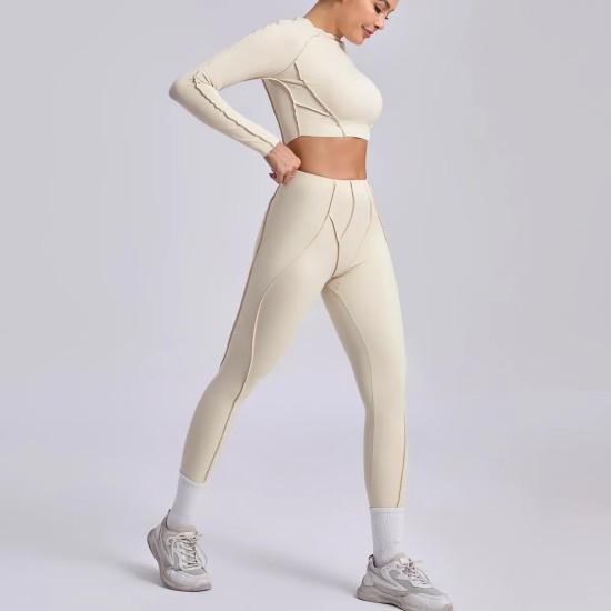 Yoga Women Pleated Sports Fitness Long Sleeve Crop Top Leggings Set