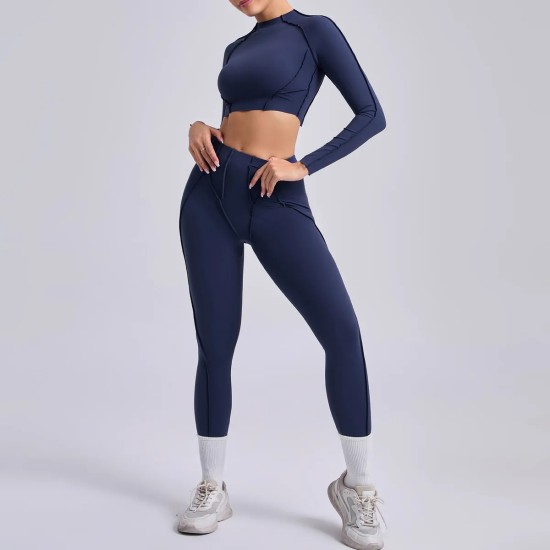 Yoga Women Pleated Sports Fitness Long Sleeve Crop Top Leggings Set