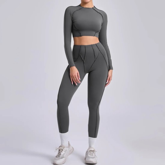 Yoga Women Pleated Sports Fitness Long Sleeve Crop Top Leggings Set