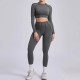 Yoga Women Pleated Sports Fitness Long Sleeve Crop Top Leggings Set