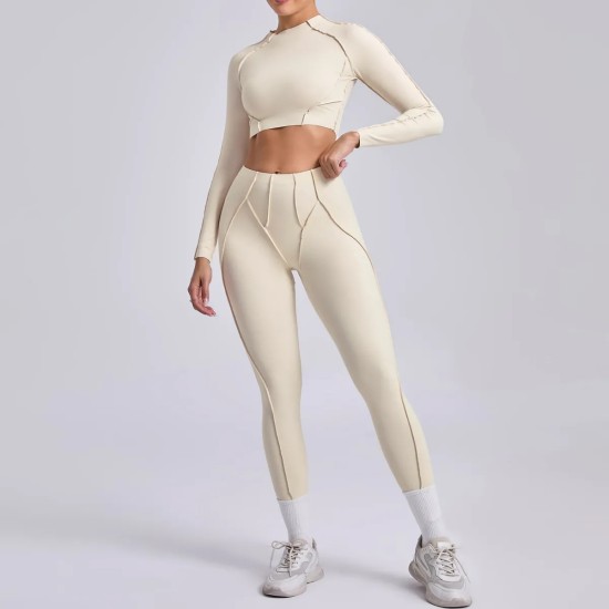 Yoga Women Pleated Sports Fitness Long Sleeve Crop Top Leggings Set