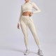 Yoga Women Pleated Sports Fitness Long Sleeve Crop Top Leggings Set
