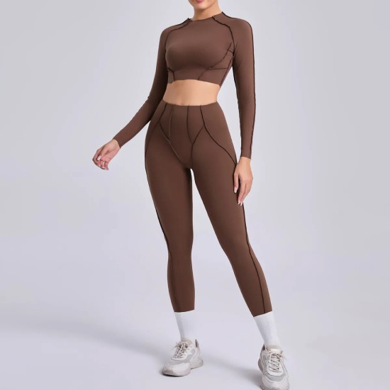 Yoga Women Pleated Sports Fitness Long Sleeve Crop Top Leggings Set