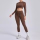 Yoga Women Pleated Sports Fitness Long Sleeve Crop Top Leggings Set