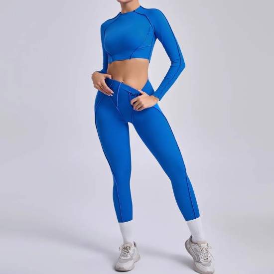 Yoga Women Pleated Sports Fitness Long Sleeve Crop Top Leggings Set
