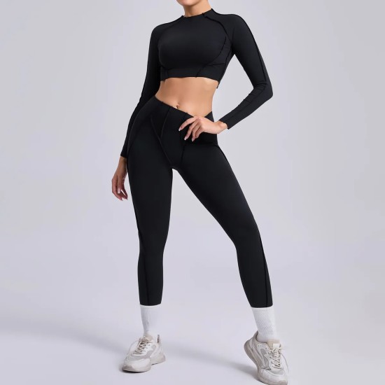 Yoga Women Pleated Sports Fitness Long Sleeve Crop Top Leggings Set