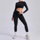 Yoga Women Pleated Sports Fitness Long Sleeve Crop Top Leggings Set