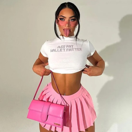 Sexy Women Short-Sleeved Letter Rhinestone Crop T-Shirt
