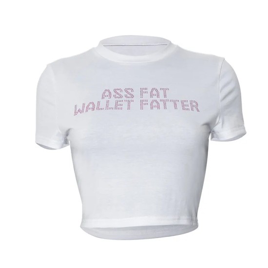 Sexy Women Short-Sleeved Letter Rhinestone Crop T-Shirt