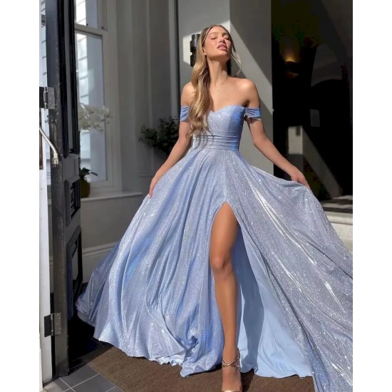 Women Elegant Shiny Off-Shoulder Slit Party Dress