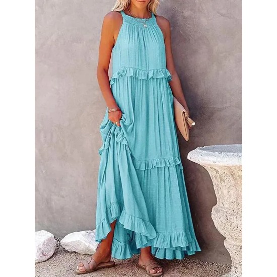 Summer Women Loose Casual Solid Color Ruffled Sleeveless Maxi Dress
