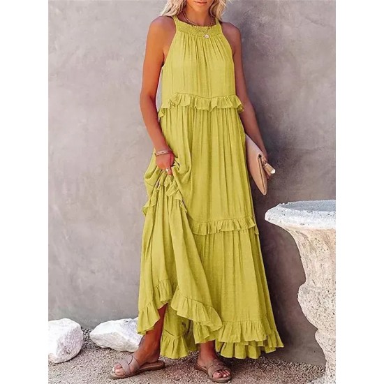 Summer Women Loose Casual Solid Color Ruffled Sleeveless Maxi Dress