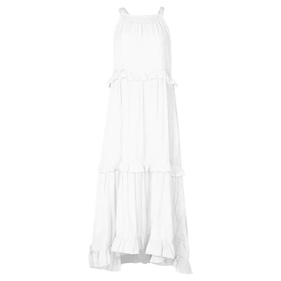 Summer Women Loose Casual Solid Color Ruffled Sleeveless Maxi Dress