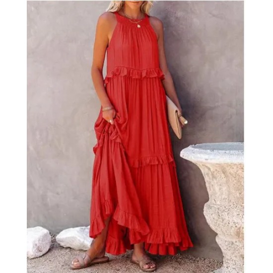 Summer Women Loose Casual Solid Color Ruffled Sleeveless Maxi Dress
