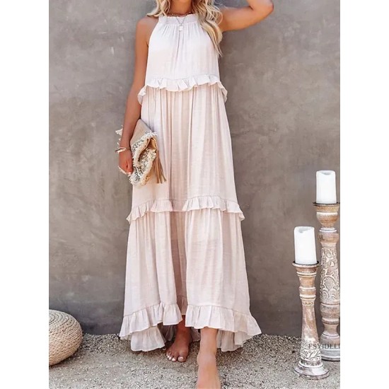Summer Women Loose Casual Solid Color Ruffled Sleeveless Maxi Dress