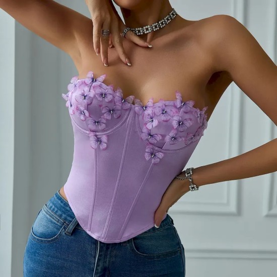 Women Satin Butterfly Strapless Diamond Steel Ring Fishbone Top Corset