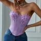 Women Satin Butterfly Strapless Diamond Steel Ring Fishbone Top Corset