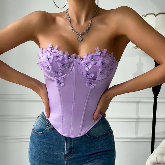 Women Satin Butterfly Strapless Diamond Steel Ring Fishbone Top Corset