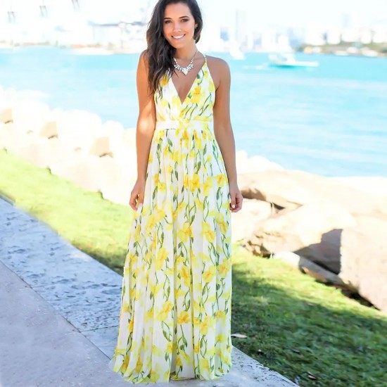 Women Fashion Casual Vacation Loose Floral Printed V-Neck Camisole Dress