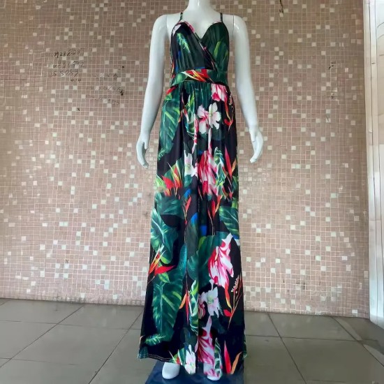 Women Fashion Casual Vacation Loose Floral Printed V-Neck Camisole Dress