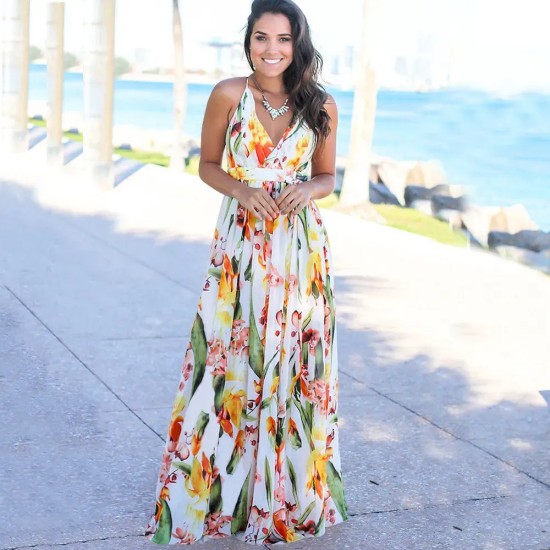 Women Fashion Casual Vacation Loose Floral Printed V-Neck Camisole Dress