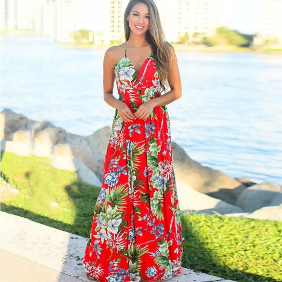 Women Fashion Casual Vacation Loose Floral Printed V-Neck Camisole Dress