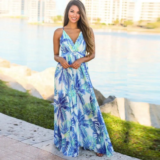 Women Fashion Casual Vacation Loose Floral Printed V-Neck Camisole Dress