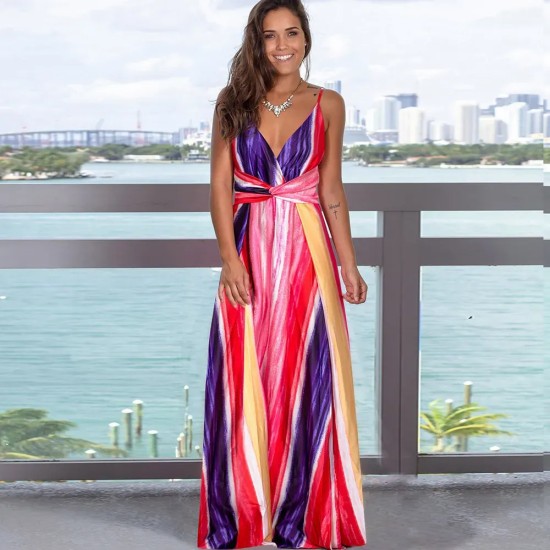 Women Fashion Casual Vacation Loose Floral Printed V-Neck Camisole Dress