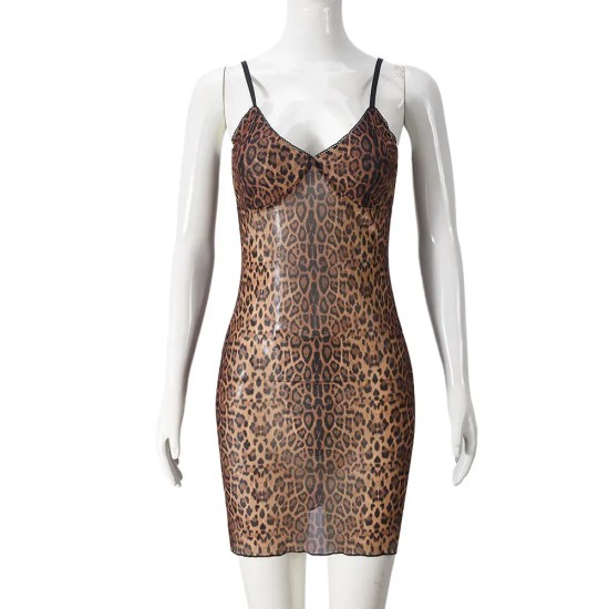 Women Nightclub Style Sexy Leopard Printed Sling Bodycon Dresses