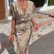 Elegant Women Fashion Defined Waist Print V-Neck Dress