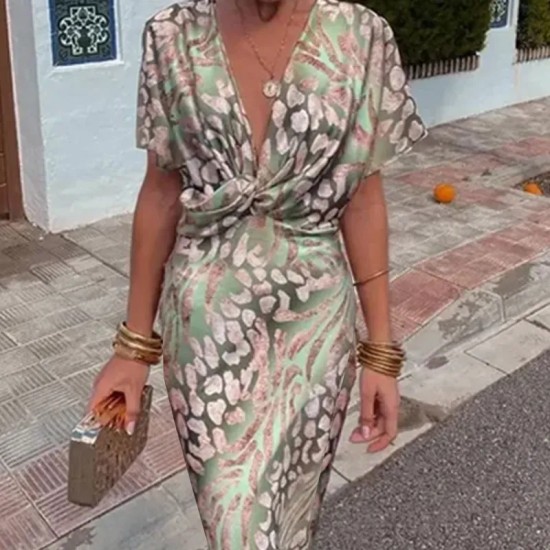 Elegant Women Fashion Defined Waist Print V-Neck Dress