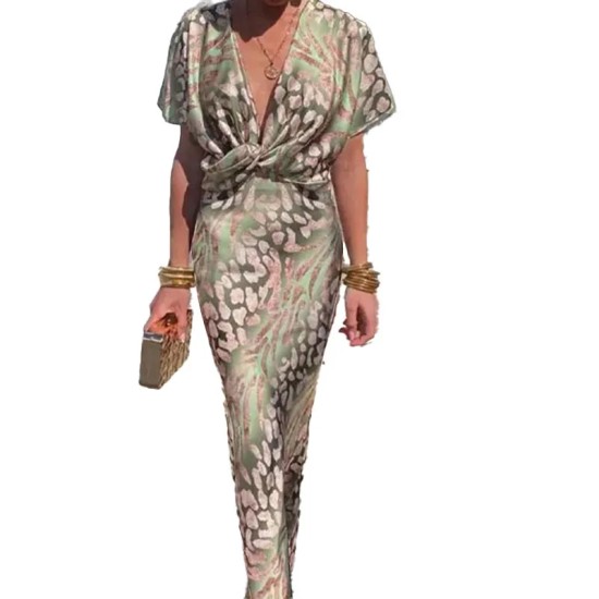 Elegant Women Fashion Defined Waist Print V-Neck Dress