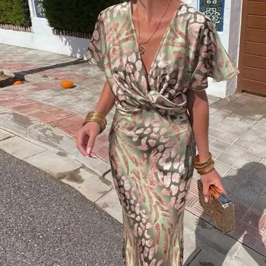 Elegant Women Fashion Defined Waist Print V-Neck Dress