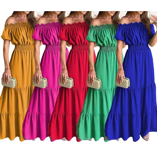 Summer Women Fashion Casual Solid Color Off Shoulder Short Sleeve Maxi Dress