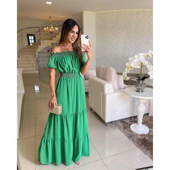 Summer Women Fashion Casual Solid Color Off Shoulder Short Sleeve Maxi Dress
