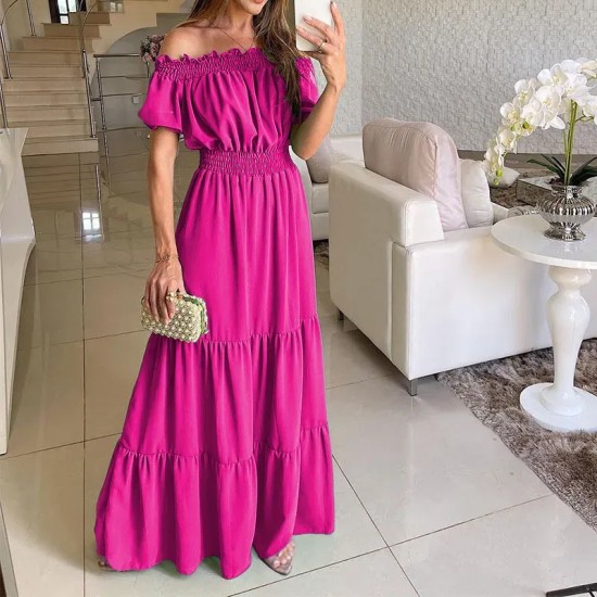 Summer Women Fashion Casual Solid Color Off Shoulder Short Sleeve Maxi Dress