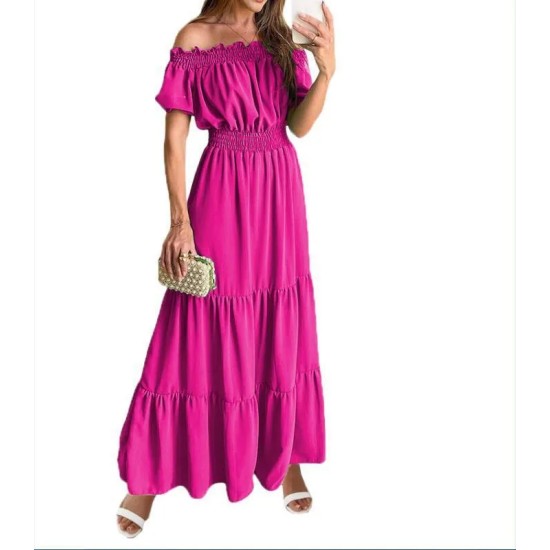 Summer Women Fashion Casual Solid Color Off Shoulder Short Sleeve Maxi Dress