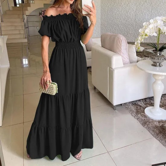 Summer Women Fashion Casual Solid Color Off Shoulder Short Sleeve Maxi Dress