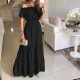 Summer Women Fashion Casual Solid Color Off Shoulder Short Sleeve Maxi Dress