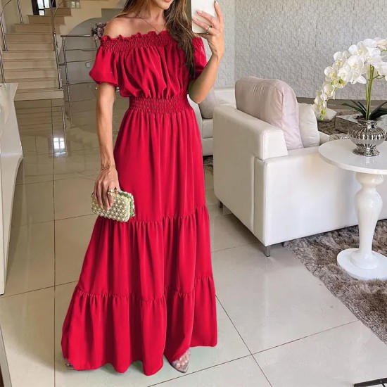 Summer Women Fashion Casual Solid Color Off Shoulder Short Sleeve Maxi Dress