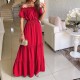 Summer Women Fashion Casual Solid Color Off Shoulder Short Sleeve Maxi Dress