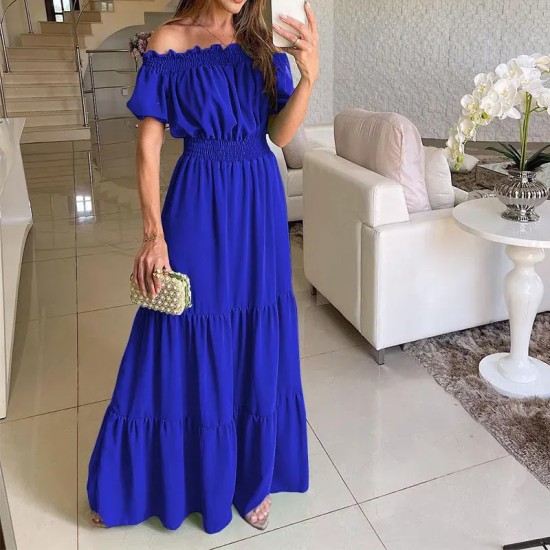 Summer Women Fashion Casual Solid Color Off Shoulder Short Sleeve Maxi Dress