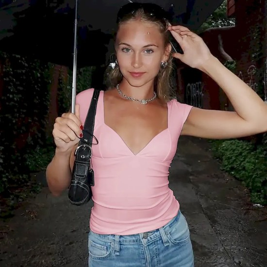 Women Summer Sexy V-Neck Tight Short-Sleeved Top