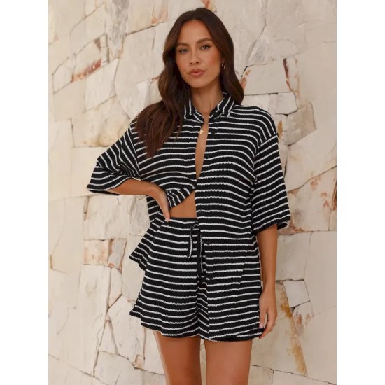 Casual Women Half-Sleeve Stripe Shirt Top Shorts Set